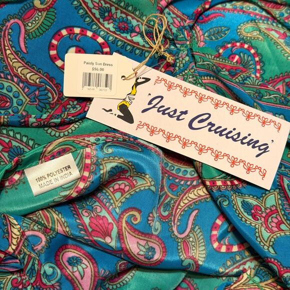 Just Cruising Boho Paisley Halter Maxi Dress Green Pink Tiered Festival One Size - Picture 4 of 6